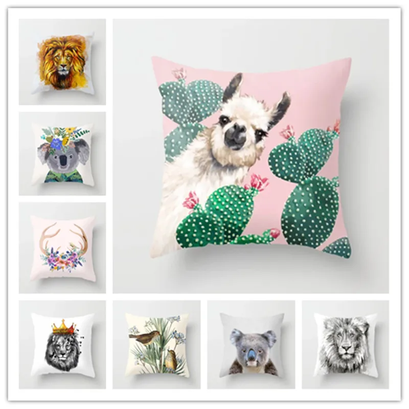 Polyester Wild Animal Lion Cushion Cover Square Pillow Case Panda&bulldog Pillows Cover for Sofa Car Waist Home Decorative