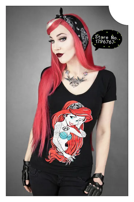 Black Character Cartton Print V Neck Rebel Ariel Mermaid Rocknroll