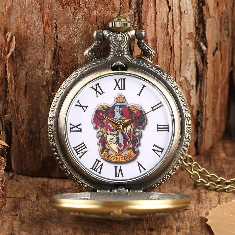 Винтаж Gryffindor тема кармашек для часов Часы Ретро Бронзовый Полный Охотник римские цифры Diaplay кулон часы для мужчин женщин reloj подарок