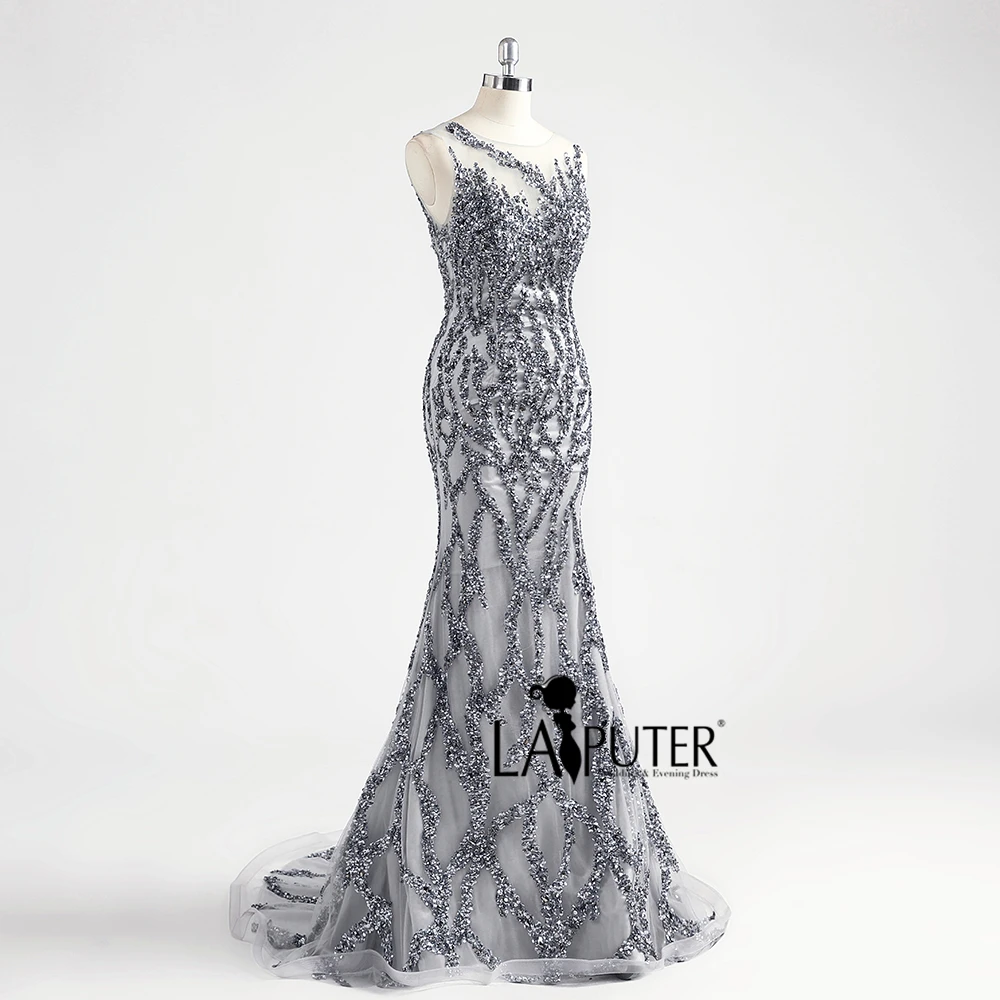 Laiputer серый кристалл роскошный удивительный Арабский сексуальный русалка o-образным вырезом Формальные Вечерние платья для выпускного вечера Высокое качество