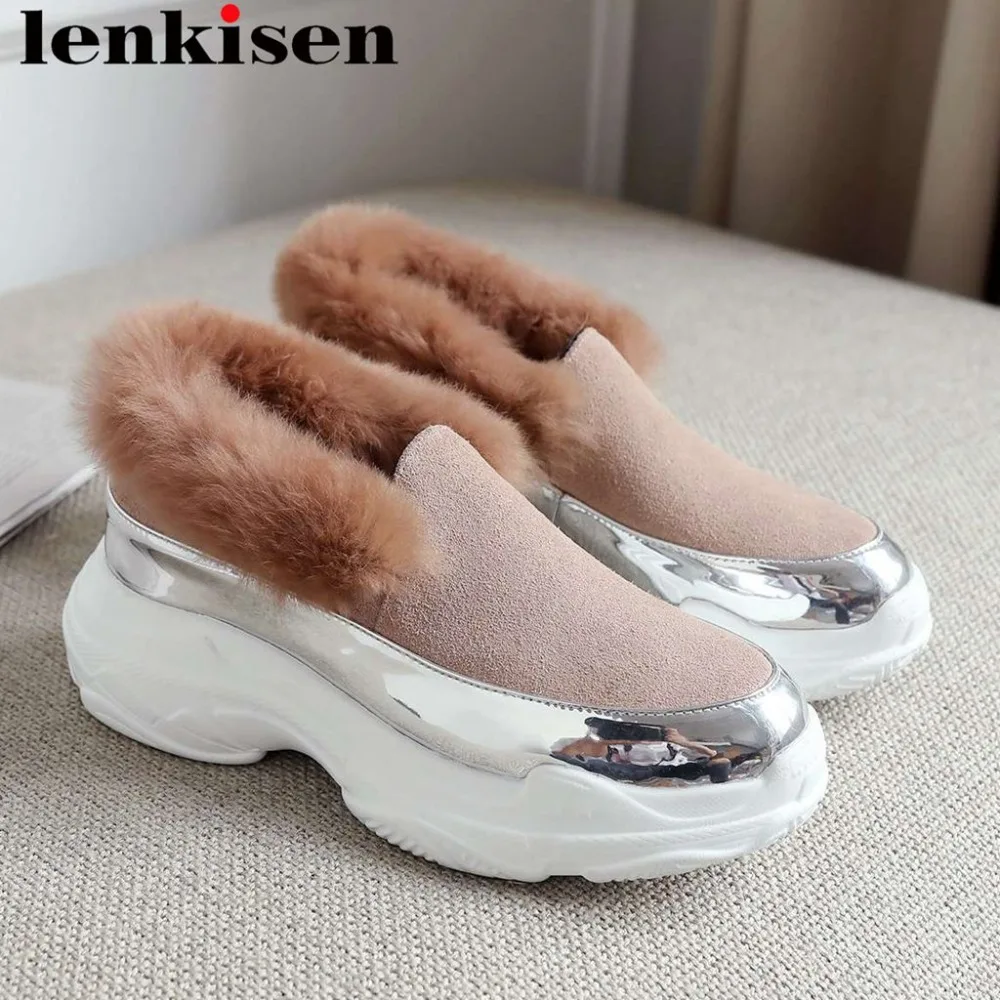 

Lenkisen beauty girls slip on fairy Gorgeous soft warm rabbit fur platform cow suede big size thick med bottom snow boots L02