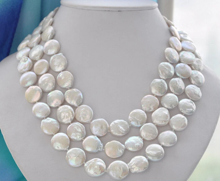 

fast z5571 nautral 3row 19" 14mm white coin freshwater pearl necklace