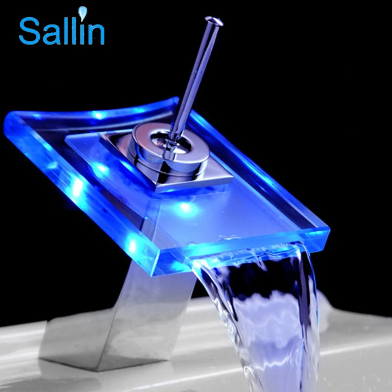 Bathroom Waterfall LED Basin Faucet Glass Waterfall Brass Basin Faucet LED Bathroom Mixer Tap Deck Mounted basin sink Mixer