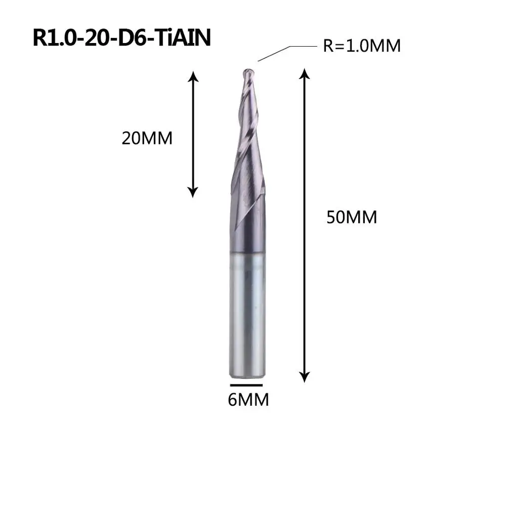 1 шт. Вольфрам твердого карбида с покрытием конус шариковый нос ЧПУ фрезы Фрезы для дерева и фрезы для металла Концевая фреза - Длина режущей кромки: R1.0-20-50-D6
