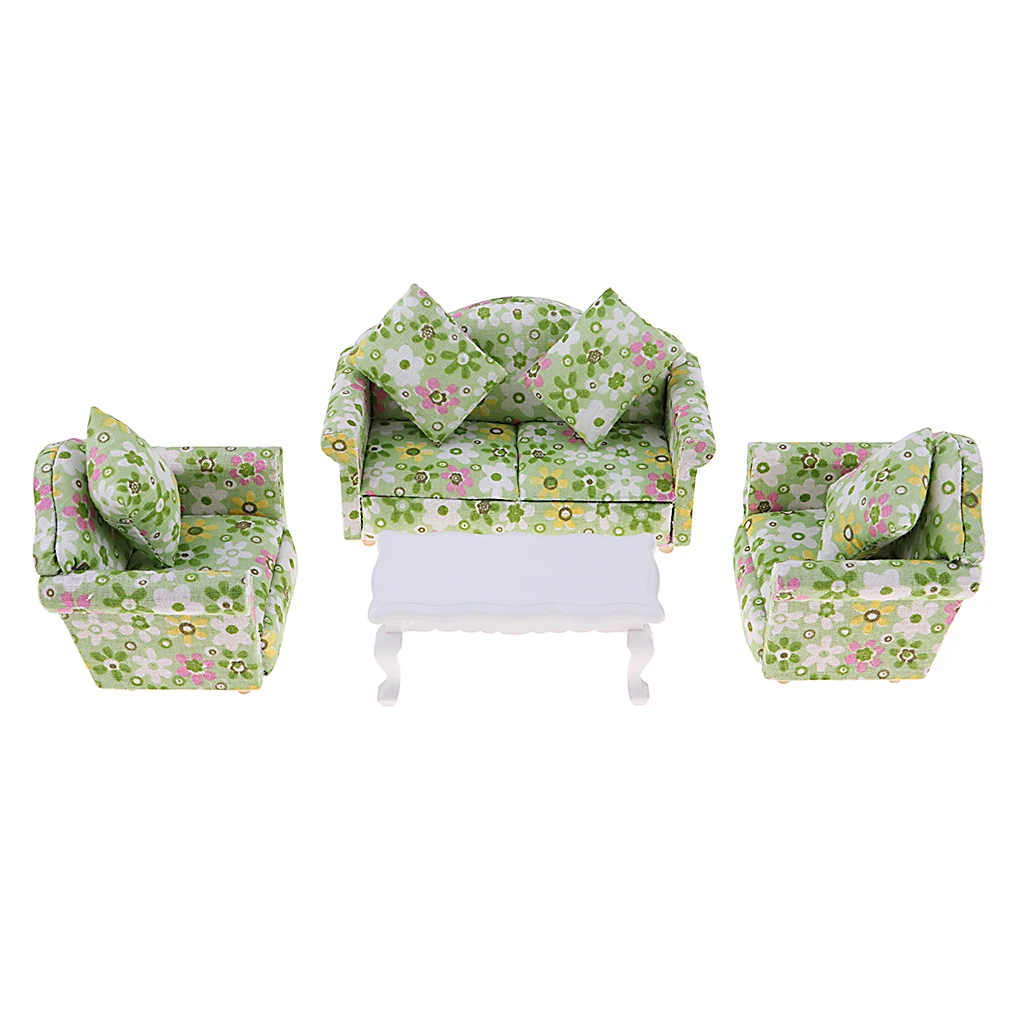 8pcs 1/12 Scale Dollhouse Miniatures Living Room Furniture Floral Single Double Sofa Chair Tea Table Green