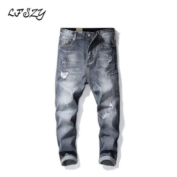 

Spring and Autumn New Nine points jeans Men'sLoose Large size Blue Hole Harem pants side Large Pocket jeans Size 28-36 38