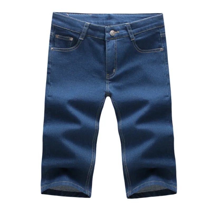 

Denim straight cropped pants men's summer solid color simple large size micro-elastic low waist thin section casual denim shorts