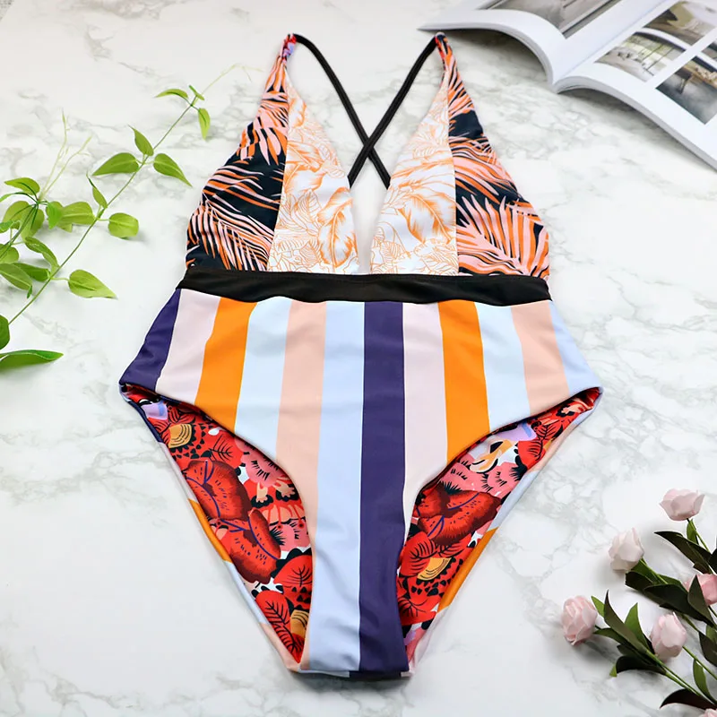 Billig Frauen Bademode Sexy Tiefe V One Piece Badeanzug Patchwork Monokini Druck Bad Anzug Maillot De Bain Striped Strand Tragen 3200