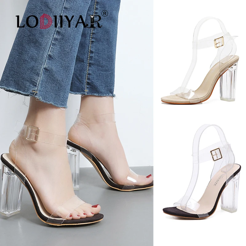 

Women Sandals Ankle Strap Adjustable Buckle Block Chunky Clear High Heels Open Toe Transparent Dress Wedding Shoes Black Size 8