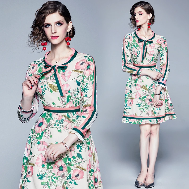 

Fall autumn fashion runway long sleeve women's belt flora dresses print vintage bow elegant dress