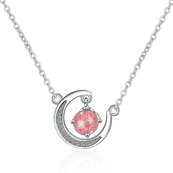 

XIYANIKE 925 Sterling Silver Pink Crystal Necklace Pendant Gift Decoration Simple And Stylish Moon Short Clavicle Jewely Women