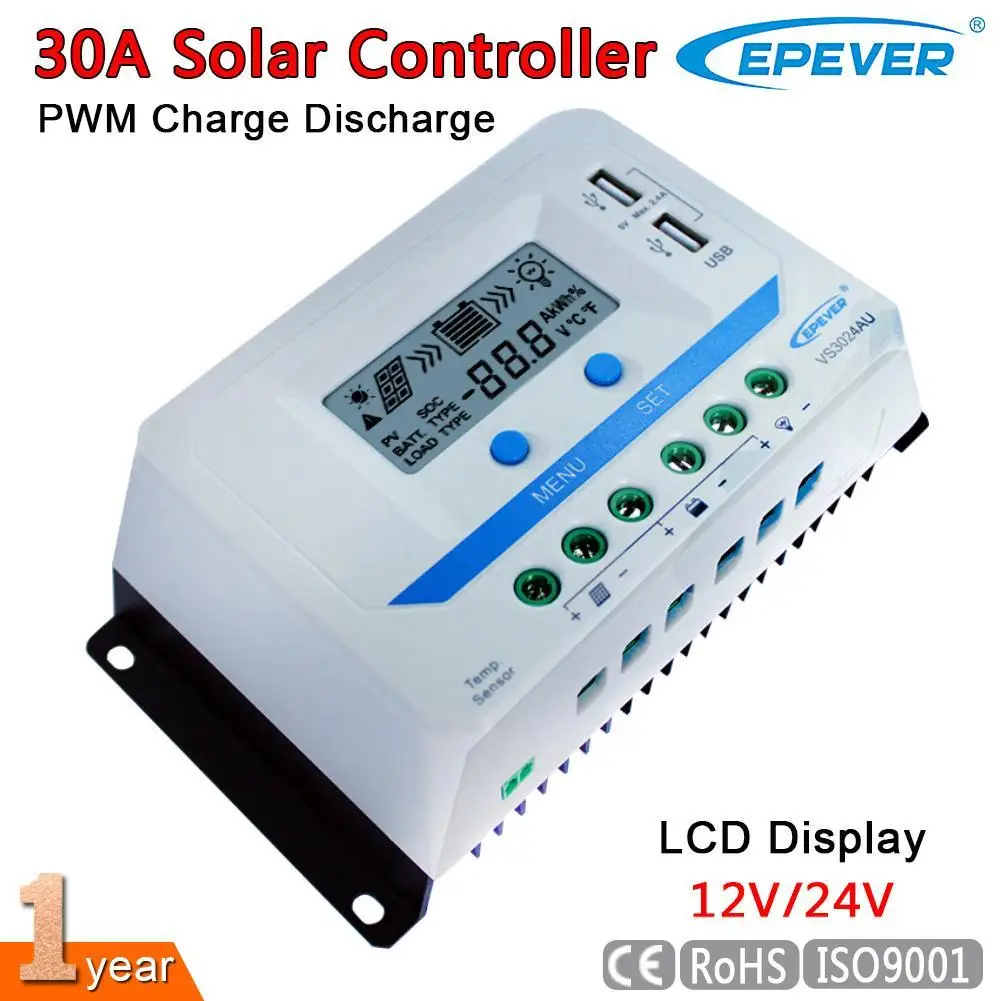 

PWM 30A Solar Charge Controller 12V 24V LCD Dual USB 5V Solar Panel Charge Discharge Regulator Over Load Protection Blue A391