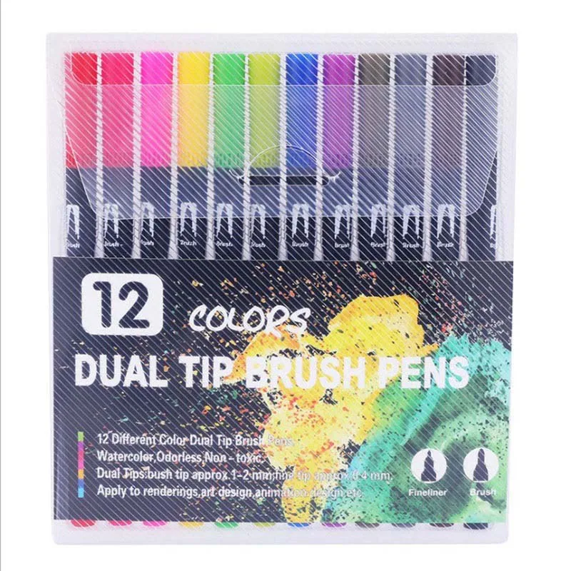 12/18/24/36/48/72/100PCS Colors FineLiner Dual Tip Brush Pens Drawing Painting Watercolor Art Marker Pens School Supplies - Color: 12colors