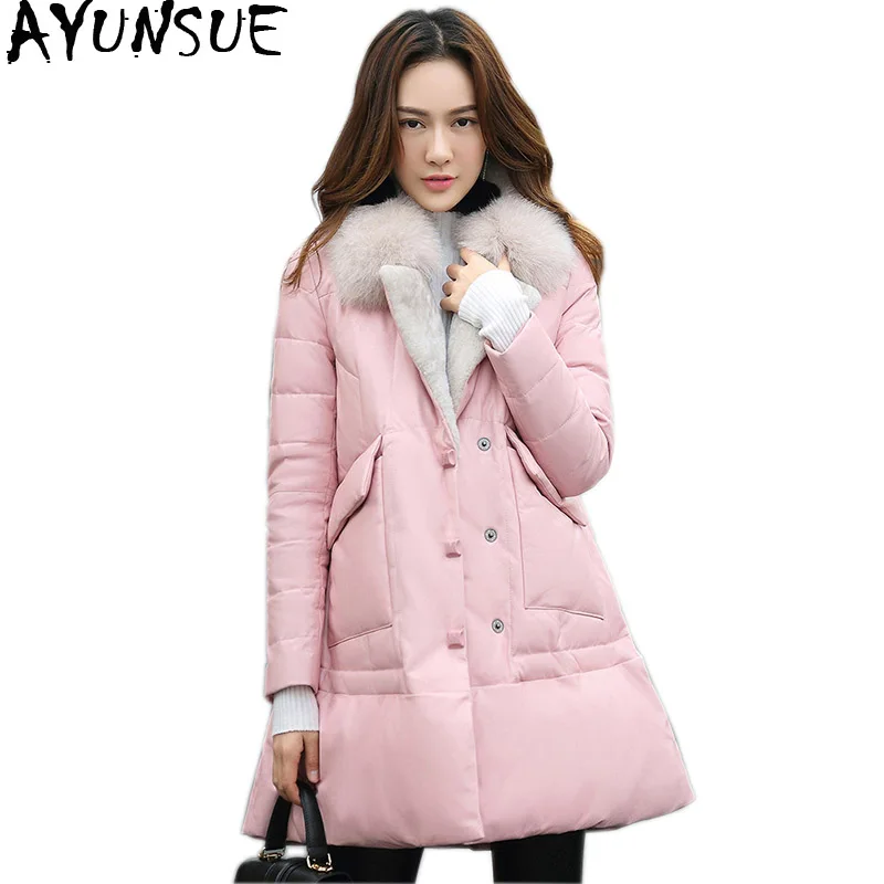 

AYUNSUE 2019 Genuine Leather Jacket Women Winter Leather Down Jacket Fox Fur Collar Sheepskin Coat Long Chaqueta Mujer KJ1067