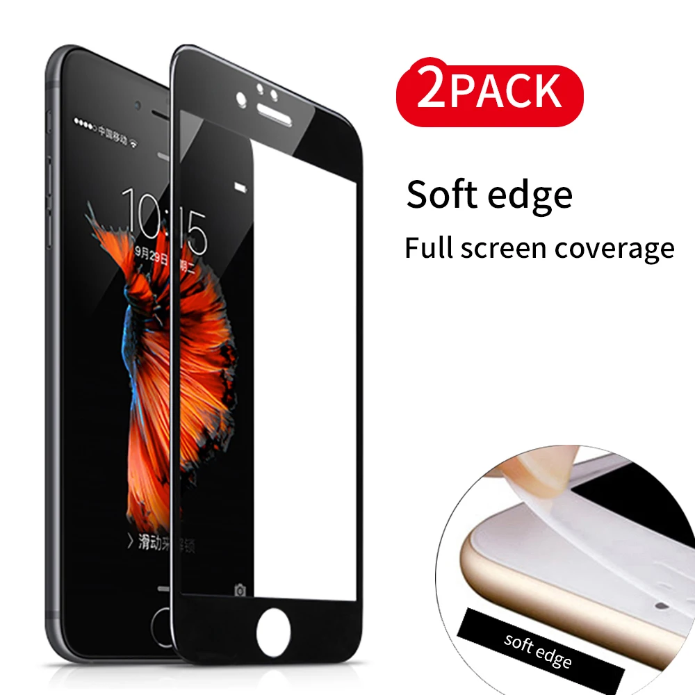 Goede 2 stks partij Zachte Rand Volledige Dekking Gehard Glas Screen Protection Film voor iphone 7 7 Plus 9 H Beschermende Zachte Rand glas film