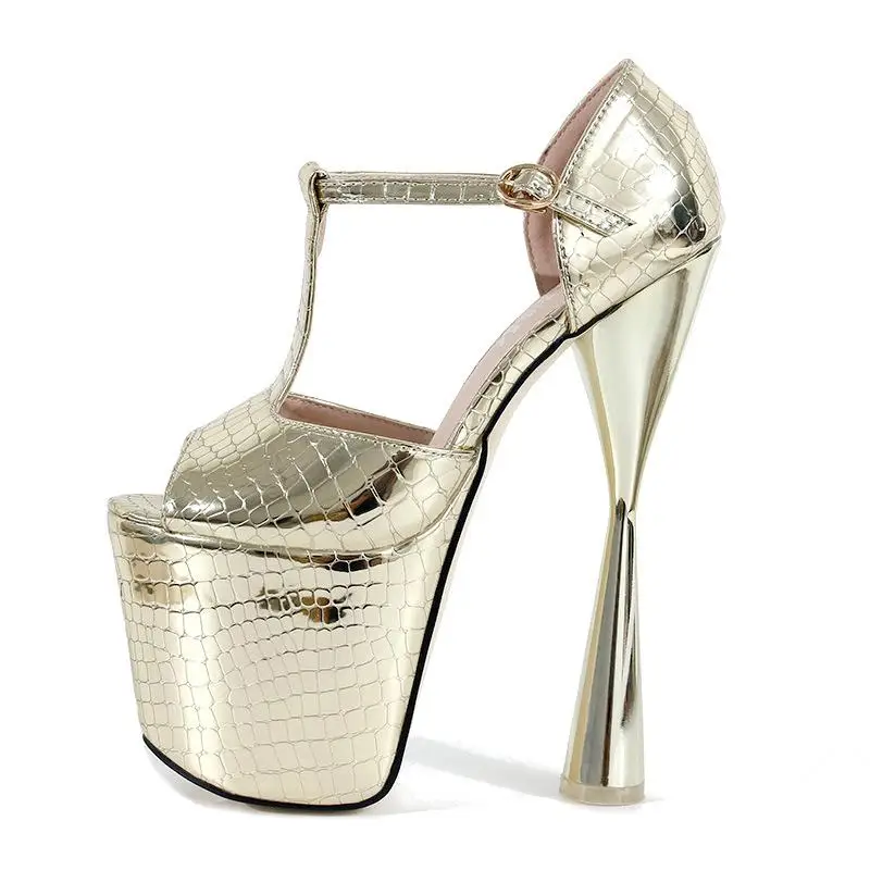 Пикантные босоножки для ночного клуба на высоком каблуке 20 см; женские туфли на толстом каблуке с Т-образным ремешком на щиколотке и кристаллами; цвет золотистый, серебристый - Цвет: Золотой
