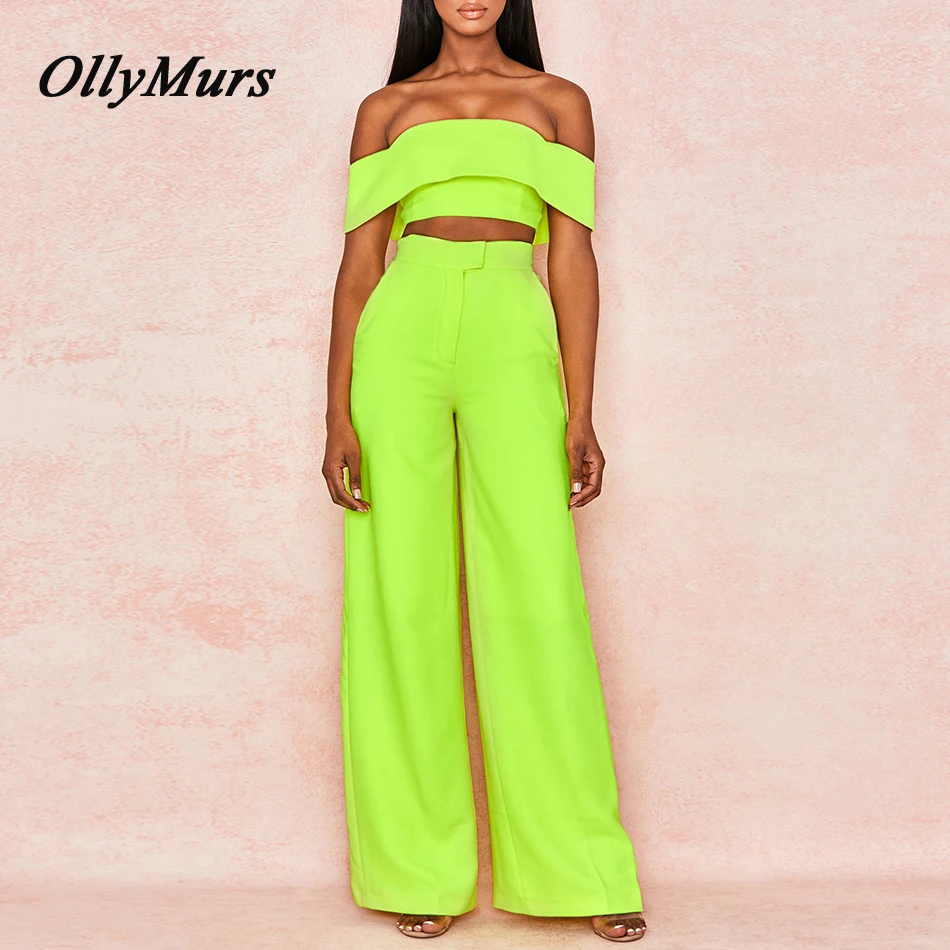 

OllyMurs 2019 New Summer Sexy Bodycon Women Pants Two Pieces Slash Neck Green Pants Vestidos Elegant Club Celebrity Party Pant