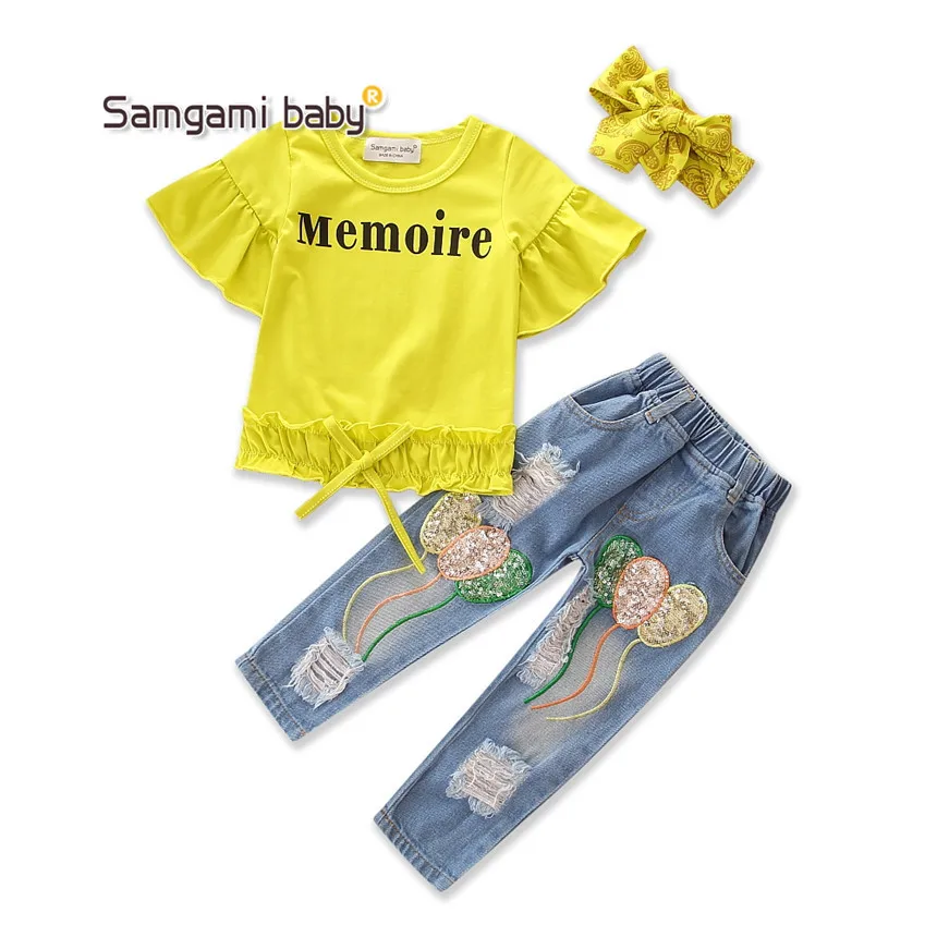 Цена SAMGAMI BABY комплект из 3 шт. высокого качества, модная детская одежда для девочек, летняя желтая футболка + джинсовые штаны, повязка на голову, де...