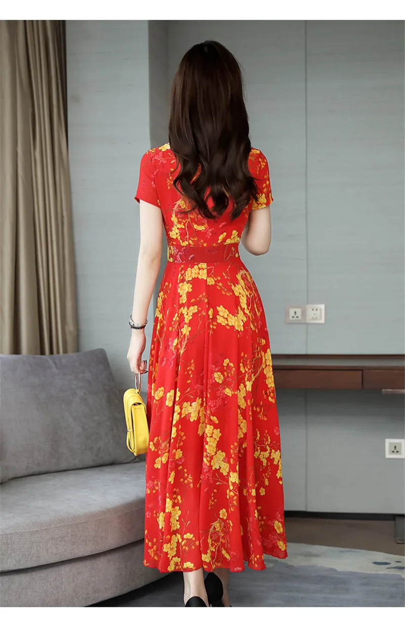 SexeMara Bohemian Style O-Neck Short-Sleeved Printed Temperament Waist Chiffon Long Large Dress 2019 Summer New Style (16)