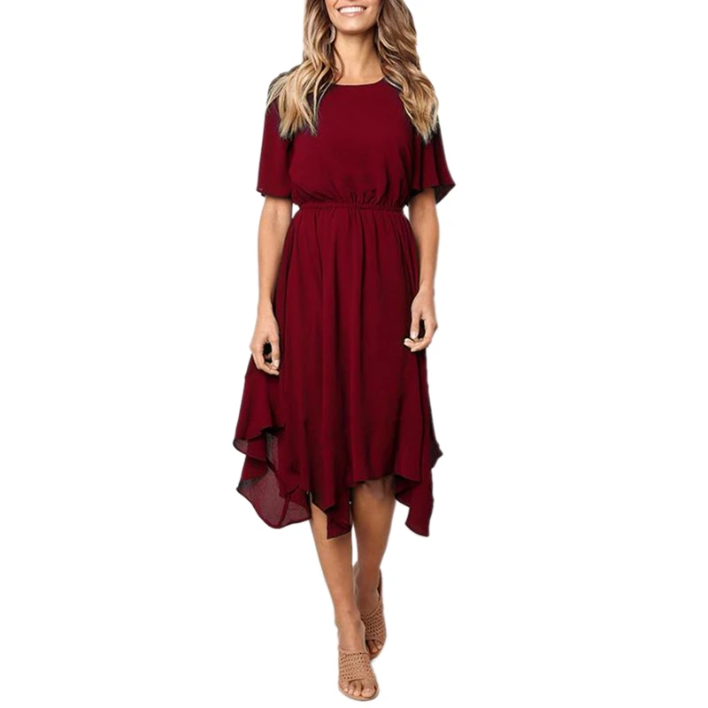 

Fashion-Women Elegant Solid Color Dress O Neck Short Sleeve Elastic Waist Irregular Hem Loose Boho Beach Dress