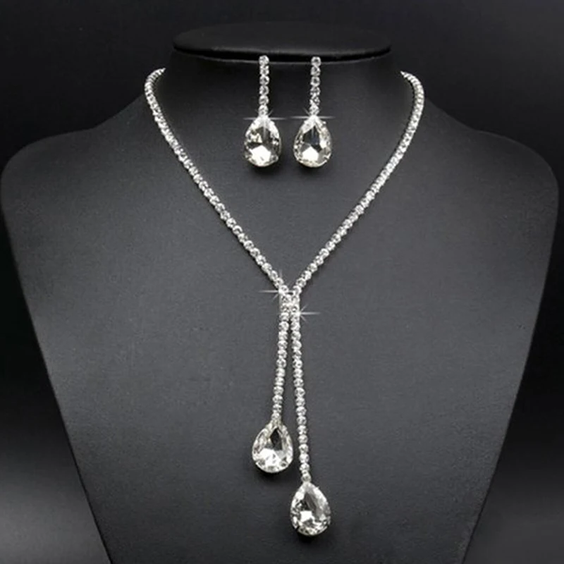 Простая Роскошная цепочка с кристаллами, ожерелье в форме капли воды и кулоны, висячие серьги, наборы свадебных ювелирных изделий, 3 стиля