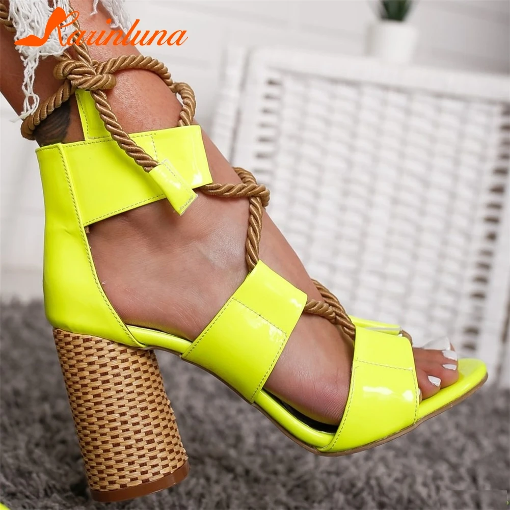 

KARINLUNA New INS Hot Straw Heels Patent Pu Sandals Women 2019 Summer Large Size 35-43 Bright Women High Heels Shoes Woman