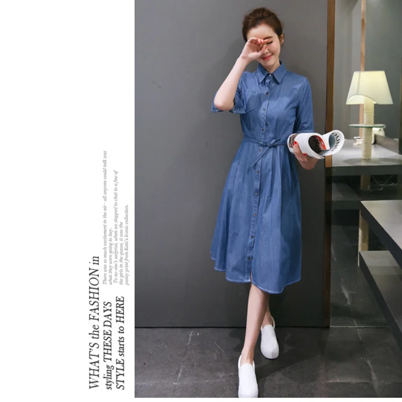  Women's clothing solid color half-sleeved belt slim denim shirt dress ladies fashion casual long section jeans dress (12)