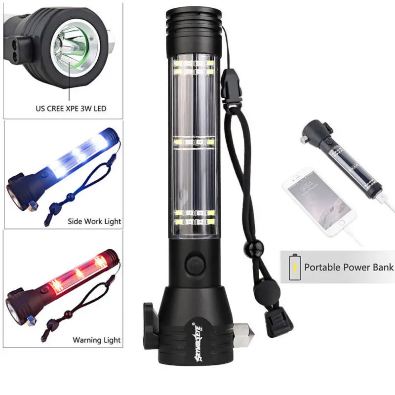 Solar Power LED Flashlight 9in1 Multi-functional Safety Hammer Torch Light Tool