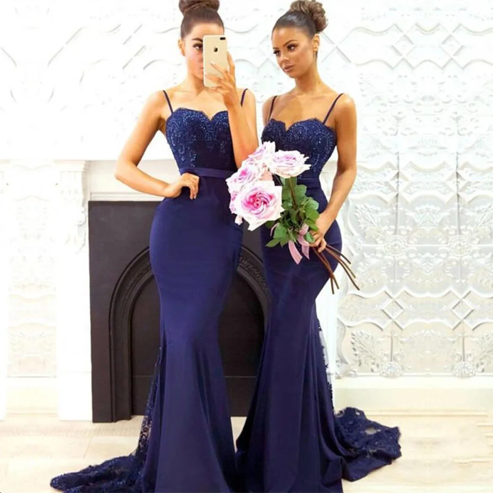 Темно-синее с юбкой-годе длинные платья подружек невесты с аппликацией на бретельках свадебное платье эластичное атласное платье подружки невесты - Цвет: navy blue
