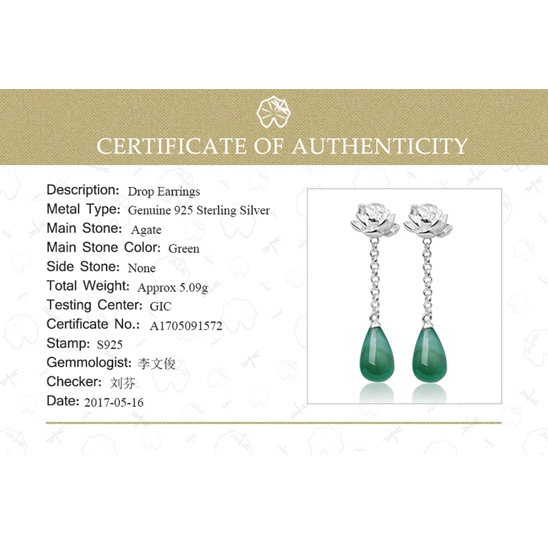 Lotus Fun Real 925 Sterling Silver Natural Agate Original Handmade Fine Jewelry Water Drop Lotus Drop Earrings for Women Brincos