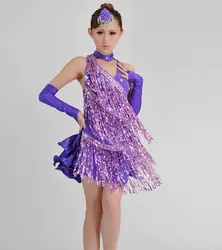 Новая кисточка/блесток Стиль женщины/Детское платье для латинских танцев Обувь для девочек/леди ча-ча/Румба/Samba/танго /Костюмы для бальных