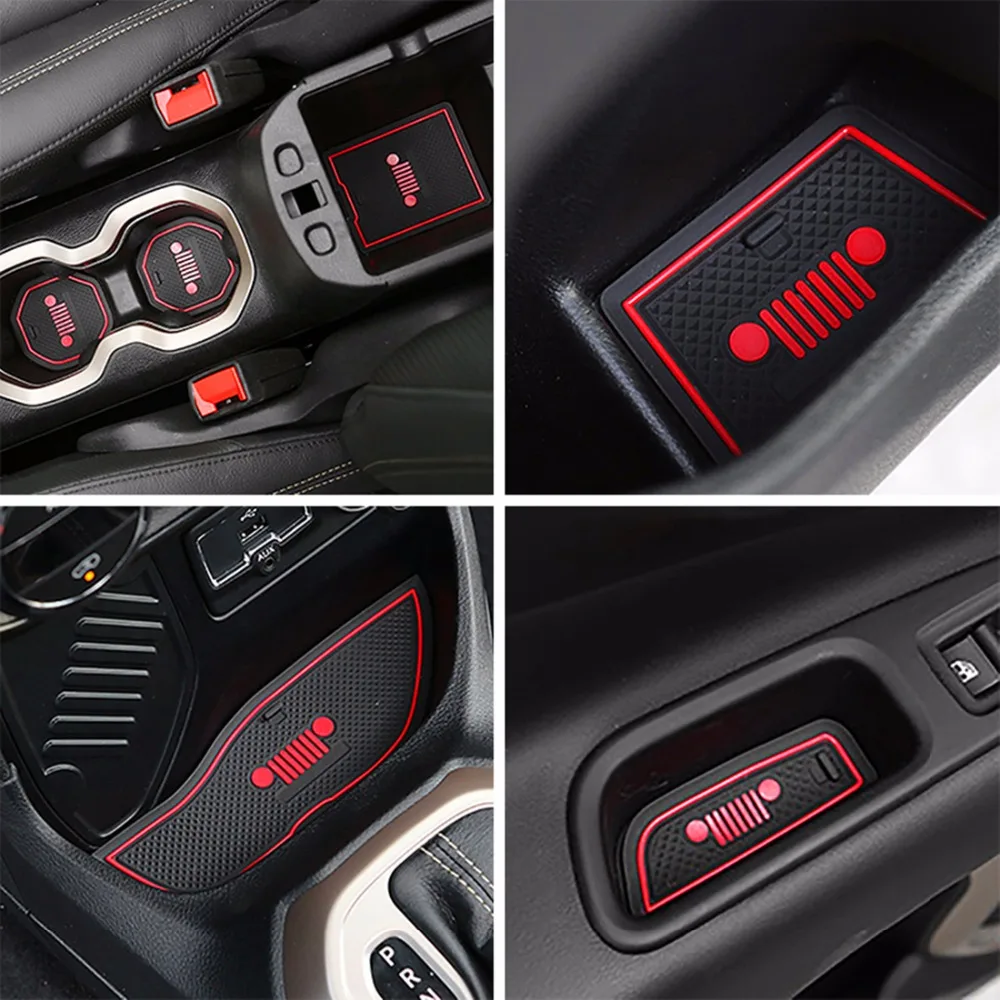 

Soft Rubber Door Mats Gate Slot Mat Cup Pads Red 16PCS for Jeep Renegade 2016