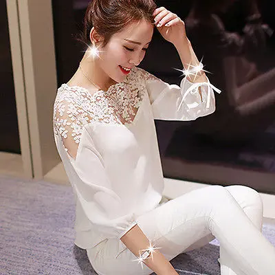 

Sexy Women Summer Lace Crochet Long Sleeve Tops Casual Chiffon Blouse