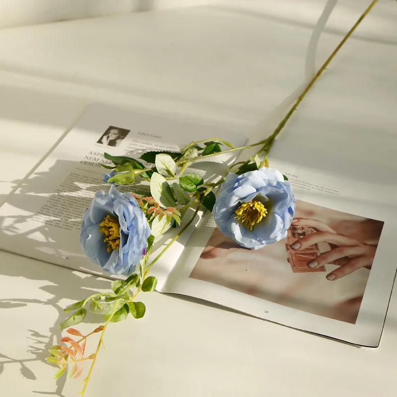 Длинные Красивые розы Пион искусственный шелк Гибискус цветок маленький букет Флорес домашние вечерние Свадебные украшения Свадебные цветы - Цвет: Синий