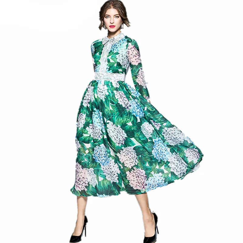 New-Women-s-Fall-Runway-Hydrangea-Green-Leaves-Flower-Print-Draped-Dress-Peter-Pan-Collar-Lace