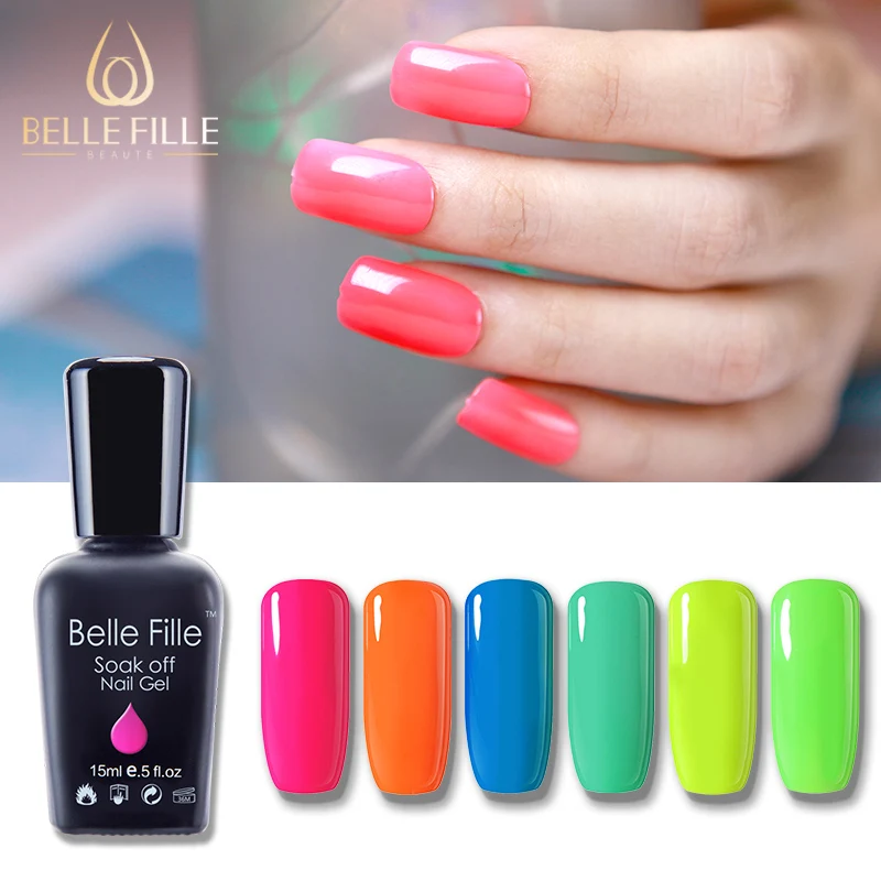 

BELLE FILLE 15ml UV Gel Nail Polish Neon 6pcs/lot Fluorescente Pink Green Gel Varnishes Semi Permanent Polish Lacquer Set