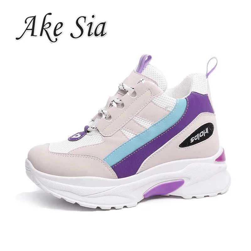 

New women's non-slip casual flat shoes 2019 Spring fashion color matching round head waterproof heightening Lace-Up shoes