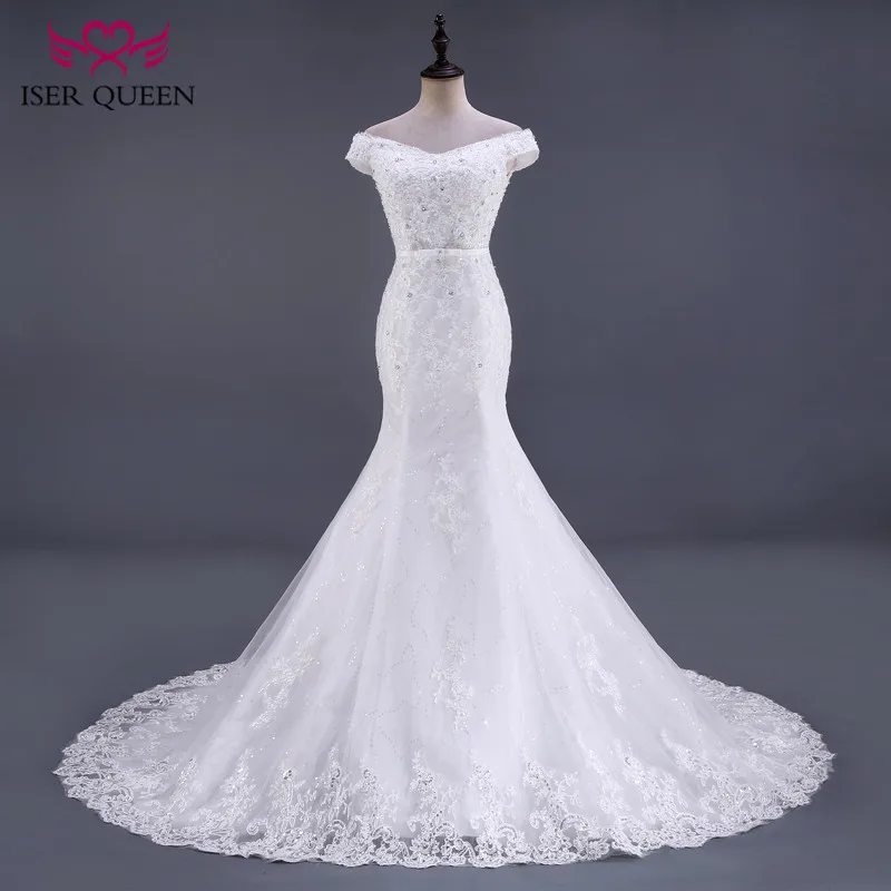 

ISER QUEEN Short Cap Sleeve Crystal Beads Elegant Mermaid Wedding Dress 2019 Lace Up back Bright Lace Wedding Dresses WX0081