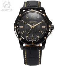 AGENTX Brand New Auto Date Display Analog Relogio Black Gold Dial Quartz Leather Strap Clock Mens Business Wristwatch / AGX120