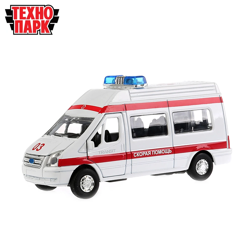 Машина ТЕХНОПАРК FORD TRANSIT Скорая помощь масштаб 1:32 металлический корпус