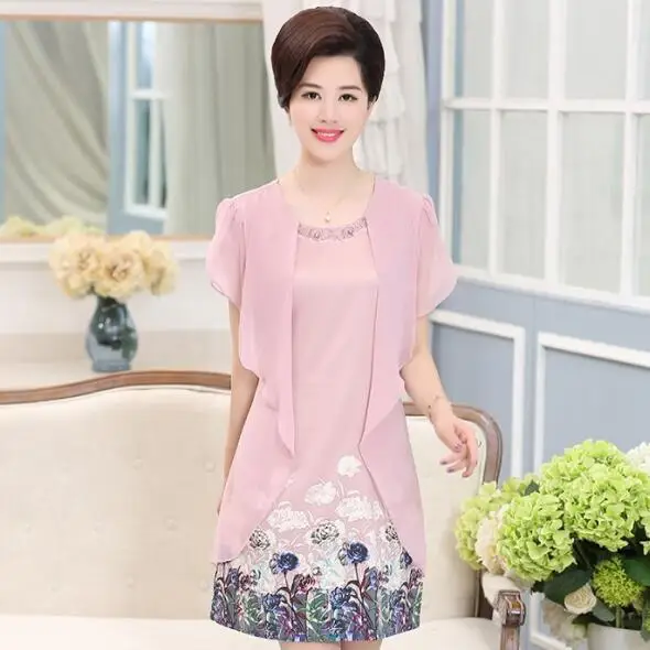 Dresses Fake Two Pieces Women 5XL 2019 New Elegant Summer Vestidos middle aged printing Chiffon party Dress DV465 Dresses Fake Two Pieces Women 5XL 2019 New Elegant Summer Vestidos middle aged printing Chiffon party Dress DV465