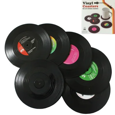 

Creative Black Plastic Colorful CD Record Table Placemats Retro Vintage Mug Coaster Pads Heat-resistant Cup Coasters 2 4 6 PCS