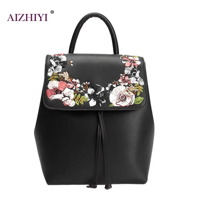 Women Mini Embroidery Flower Backpacks PU Leather Casual Drawstring