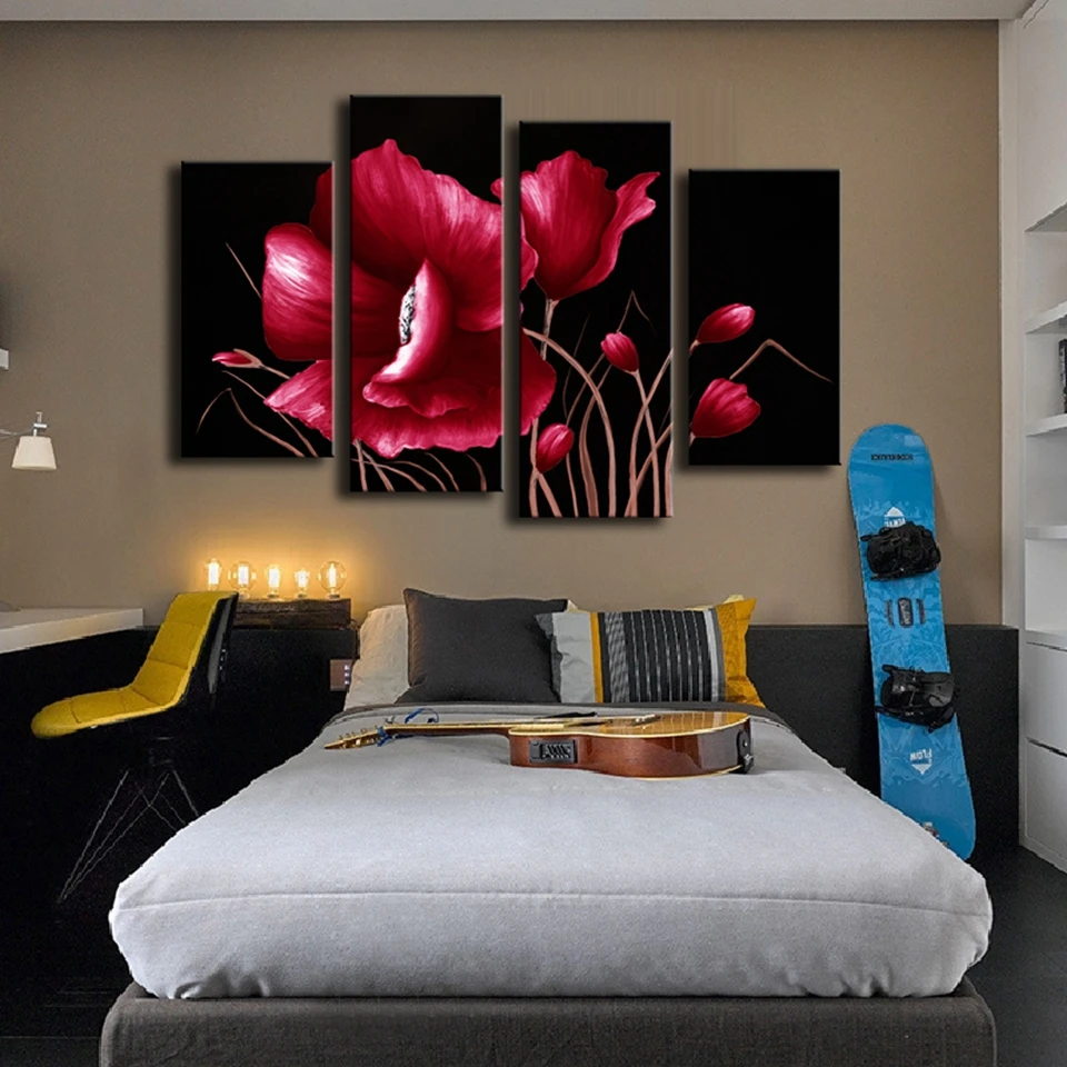Printed-Oil-Art-Painting-Red-Flower-In-Black-4-Pcs-Set-Combined-Canvas-Paints-Living-Room (1)