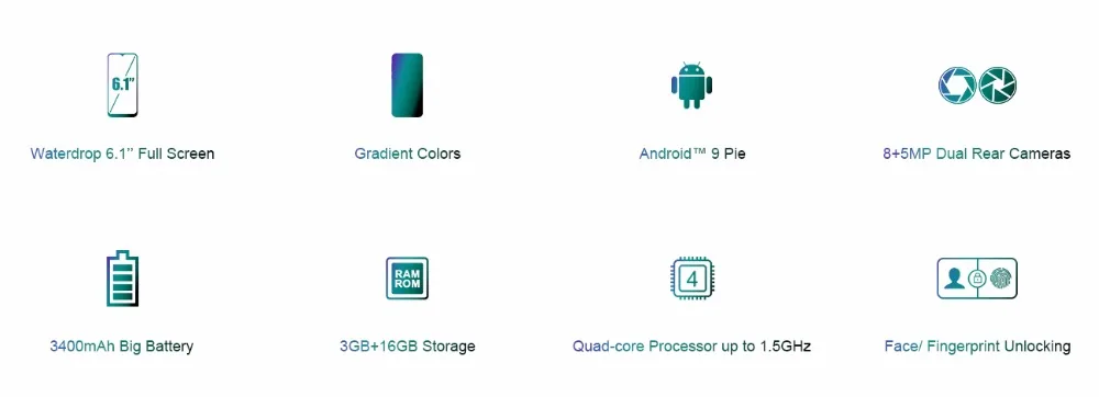 DOOGEE Y8 Android 9,0 FDD LTE 6,1 дюймов 19:9 в виде капли воды, экран LTPS смартфон MTK6739, 3 Гб оперативной памяти, Оперативная память 16 Гб Встроенная память 3400