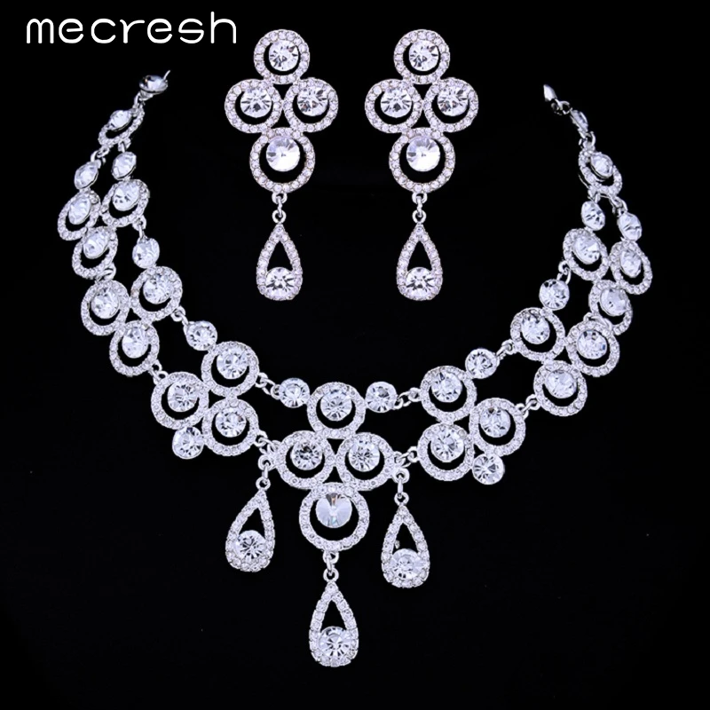 Mecresh Gorgeous CZ Rhinestone Crystal Silver Wedding Bridal Jewelry Sets Including Necklace and Earrings for Women TL049