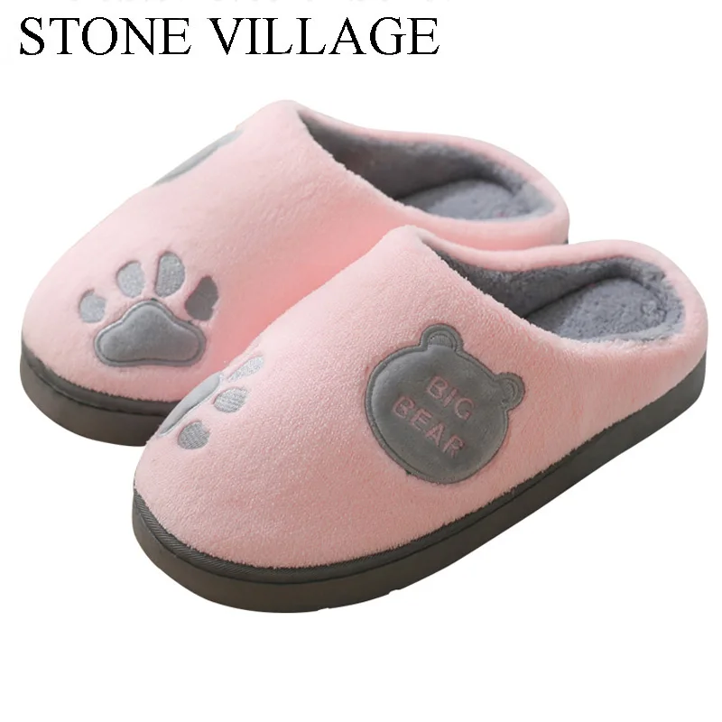 

STONE VILLAGE High Quality Bear Animal Prints Cute Home Slippers Short Plush Warm Winter Men Women Slippers Shoes Large Size