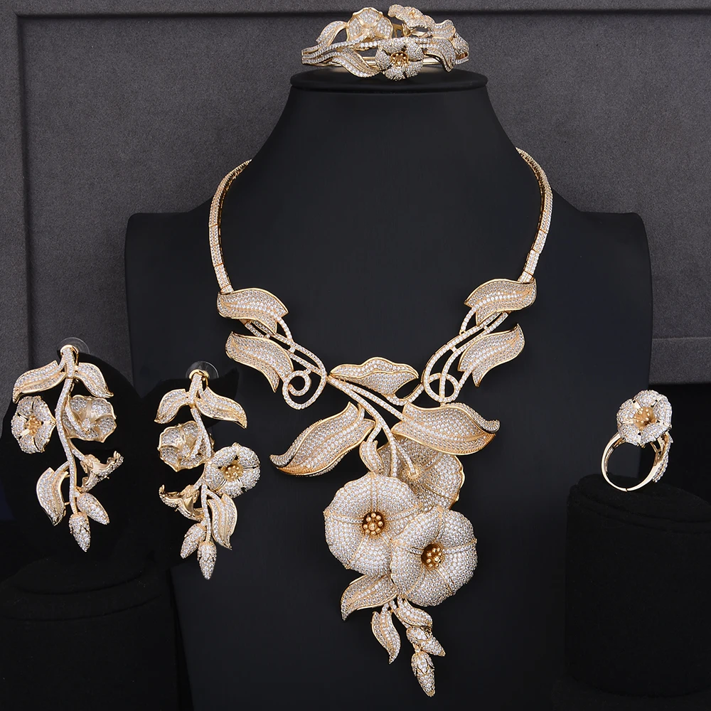 GODKI Super Luxury Morning glory 4PCS Africa Jwelry Sets For Women Wedding Zircon Crystal CZ Indian African Bridal Jewelry Sets