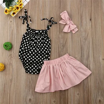 

Newborn Toddler Baby Girls clothes solid skirts bow Headband strap sleeveless round neck Polka Dot Bodysuit 3pc kids Outfits