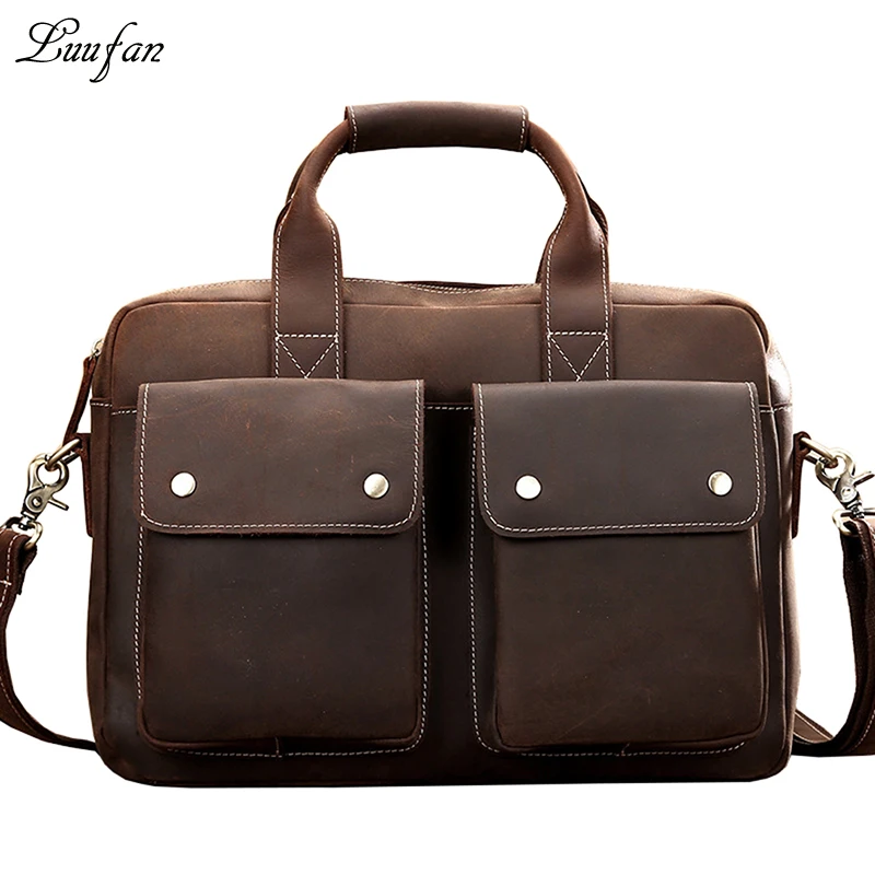 Mens Genuine Leather briefcase,15 inch Vintage Business bag,Cowhide